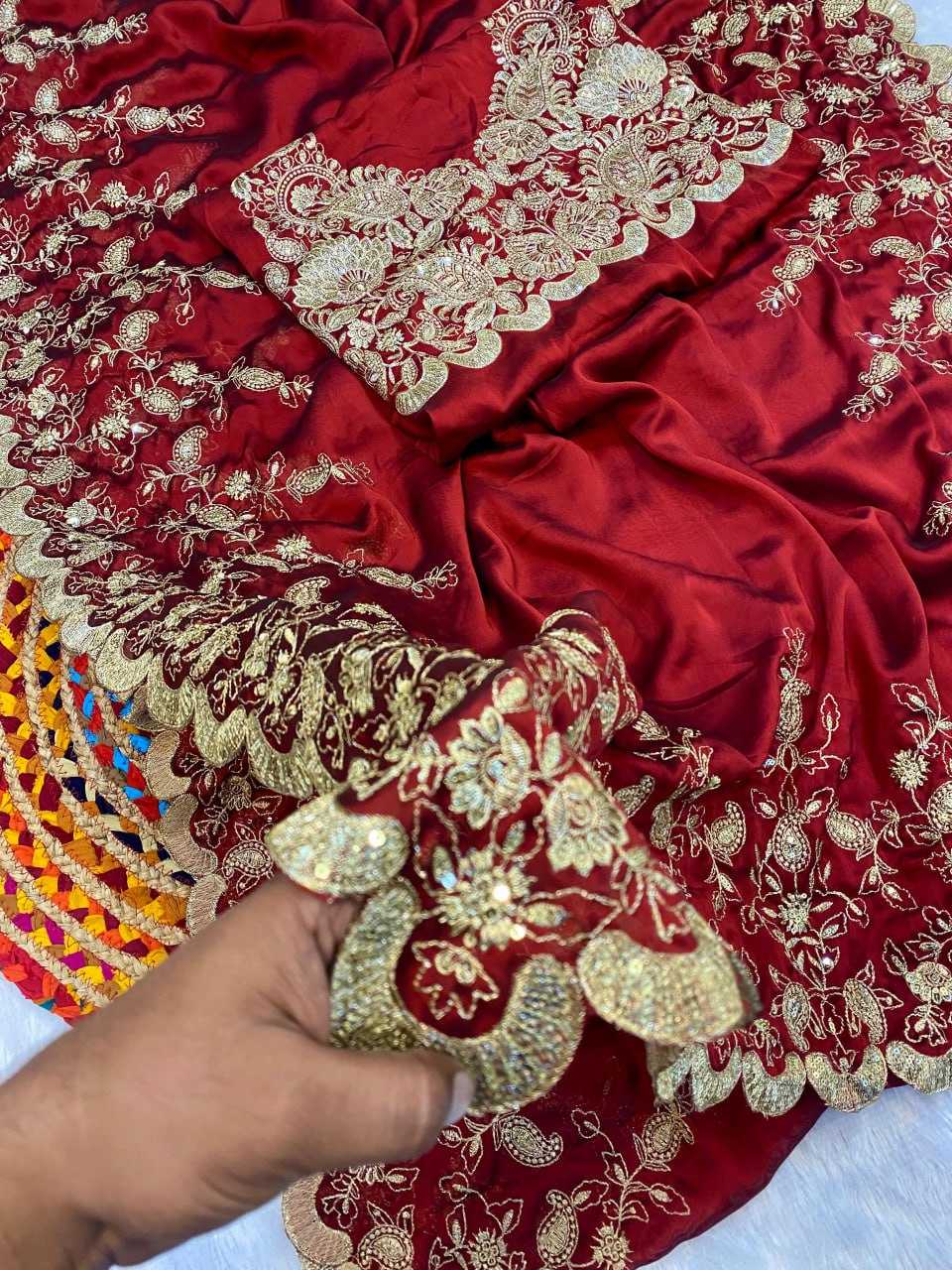 YNF SILK RIN164  RRS69 SAREES WHOLESALE SEQUENCE EMBROIDERED CUTWORK ZARI BORDER RED WEDDING TEEJ KARWA CHAUTH SAREES MANUFACTURER