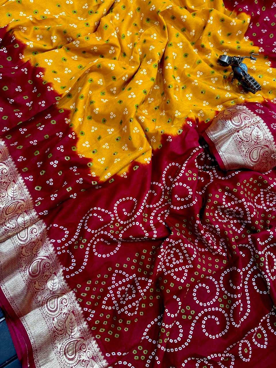 YNF SOFT DOLA KESH110 RADHA22 SAREES WHOLESALE PRINTED BANDHANI BANDHEJ ZARI BORDER SAREES MANUFACTURER