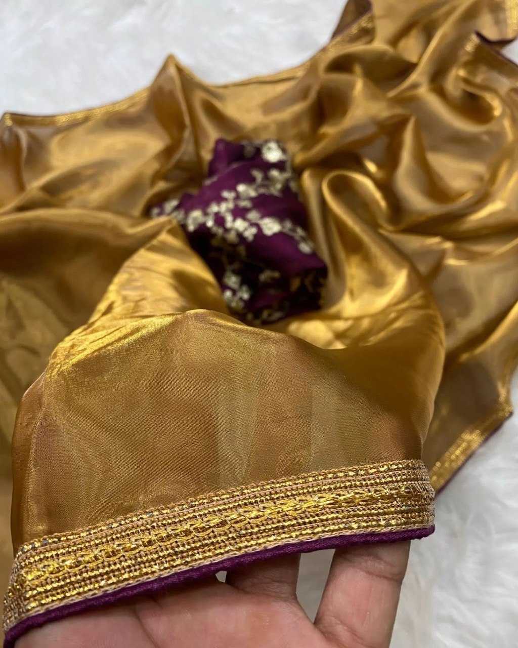 YNF TISSUE SILK KESH162 VRT01 SAREES WHOLESALE TISSUE SILK PLAIN SOLID LACE BORDER SILK SATIN GOLDEN SAREES MANUFACTURER