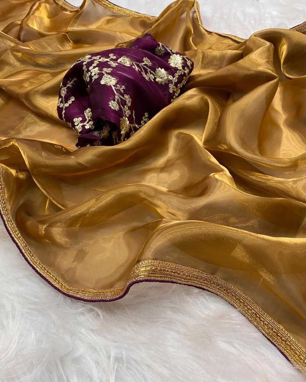 YNF TISSUE SILK KESH162 VRT01 SAREES WHOLESALE TISSUE SILK PLAIN SOLID LACE BORDER SILK SATIN GOLDEN SAREES MANUFACTURER