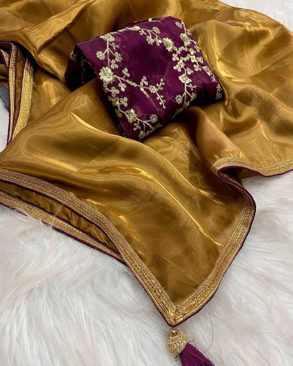 YNF TISSUE SILK KESH162 VRT01 SAREES WHOLESALE TISSUE SILK PLAIN SOLID LACE BORDER SILK SATIN GOLDEN SAREES MANUFACTURER