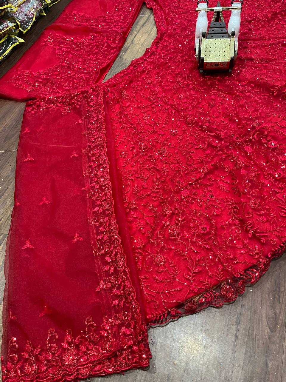 YNF BUTTERFLY NET RIN108 1678 LEHENGAS WHOLESALE WEDDING NET FANCY EMBROIDERED RED LEHENGAS MANUFACTURER