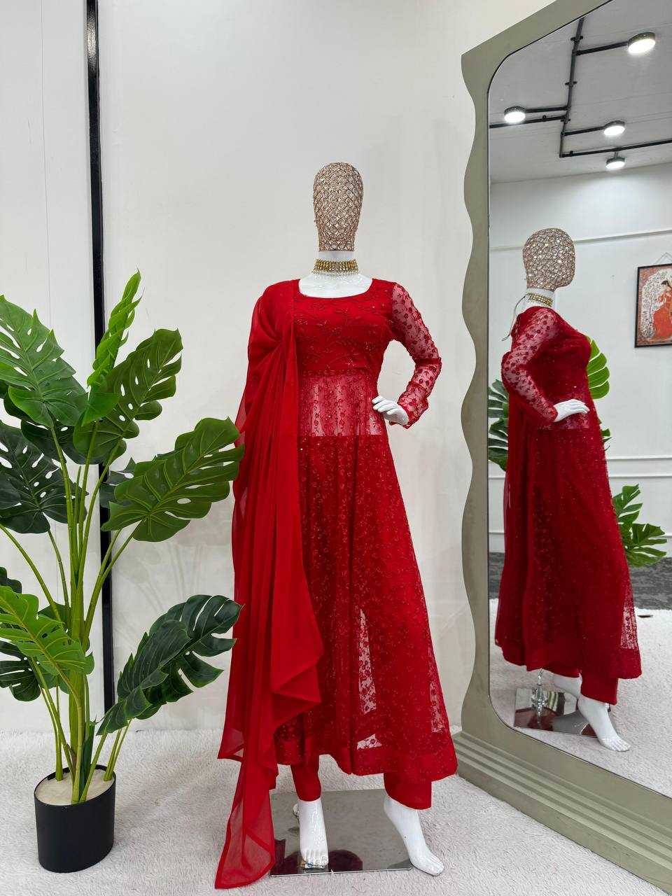 YNF BUTTERFLY NET RIN169 5770 GOWNS WHOLESALE RED NET ANARKALI SEQUIN GOWNS MANUFACTURER- Kapda Export