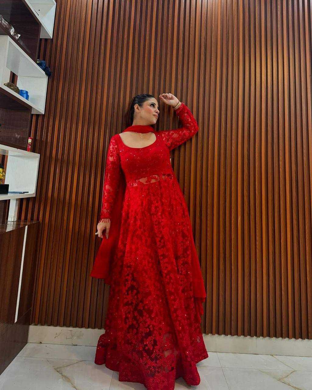 YNF BUTTERFLY NET RIN169 5770 GOWNS WHOLESALE RED NET ANARKALI SEQUIN GOWNS MANUFACTURER- Kapda Export