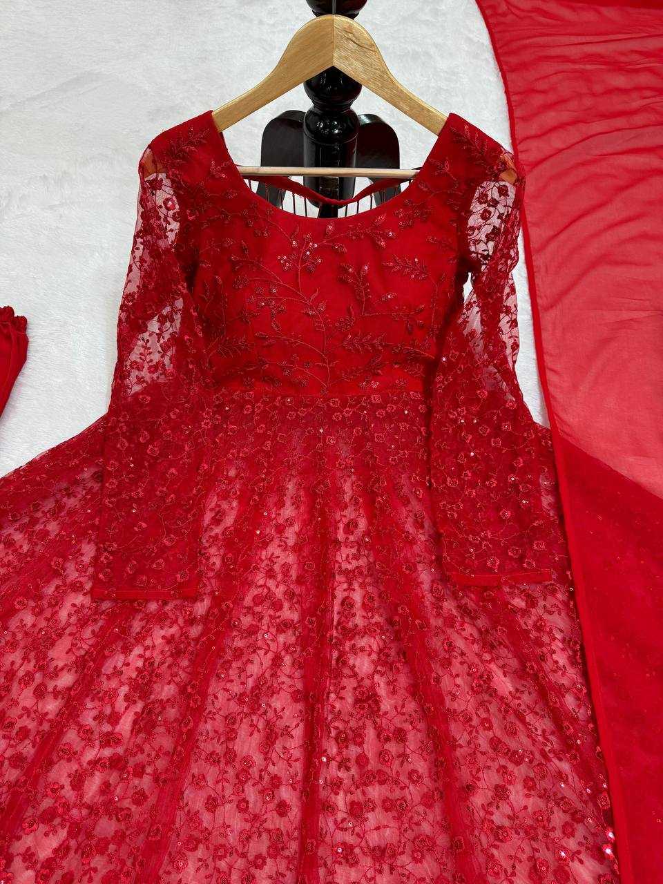 YNF BUTTERFLY NET RIN169 5770 GOWNS WHOLESALE RED NET ANARKALI SEQUIN GOWNS MANUFACTURER- Kapda Export