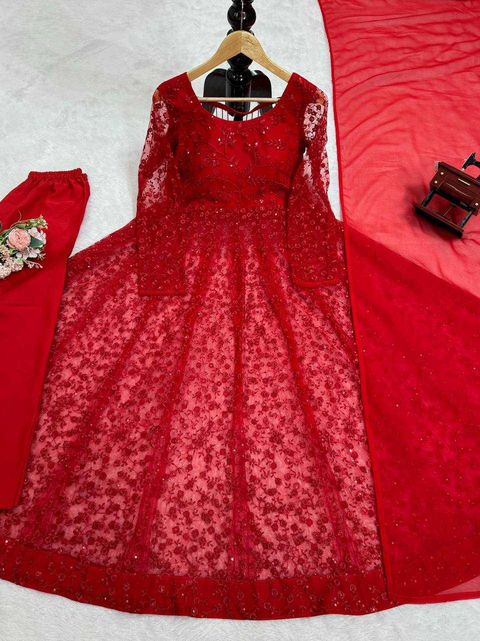 YNF BUTTERFLY NET RIN169 5770 GOWNS WHOLESALE RED NET ANARKALI SEQUIN GOWNS MANUFACTURER- Kapda Export