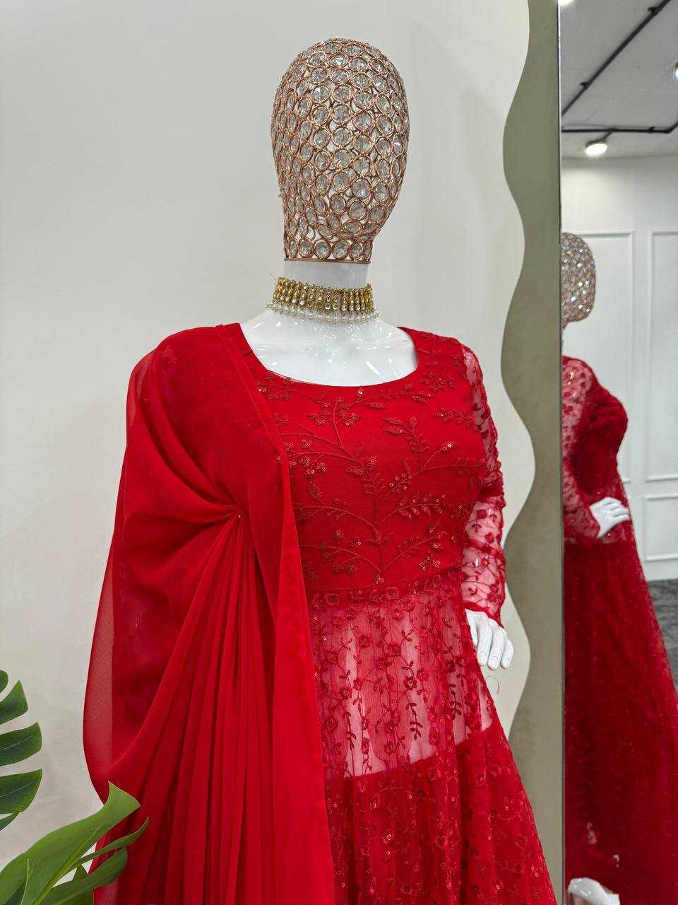 YNF BUTTERFLY NET RIN169 5770 GOWNS WHOLESALE RED NET ANARKALI SEQUIN GOWNS MANUFACTURER- Kapda Export