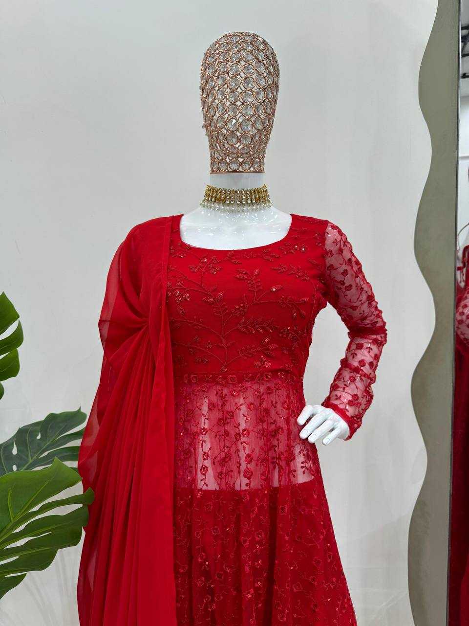 YNF BUTTERFLY NET RIN169 5770 GOWNS WHOLESALE RED NET ANARKALI SEQUIN GOWNS MANUFACTURER- Kapda Export