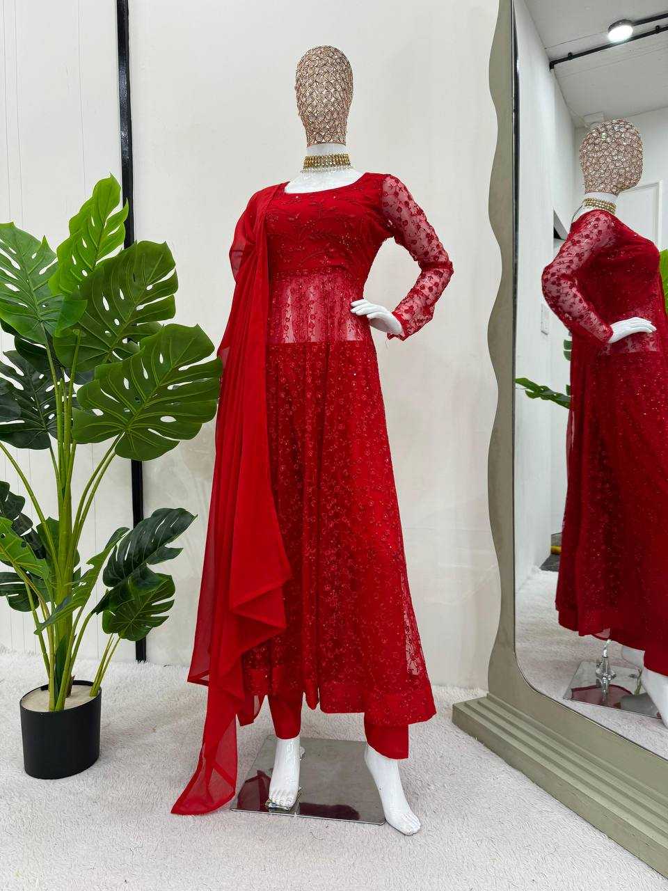 YNF BUTTERFLY NET RIN169 5770 GOWNS WHOLESALE RED NET ANARKALI SEQUIN GOWNS MANUFACTURER- Kapda Export