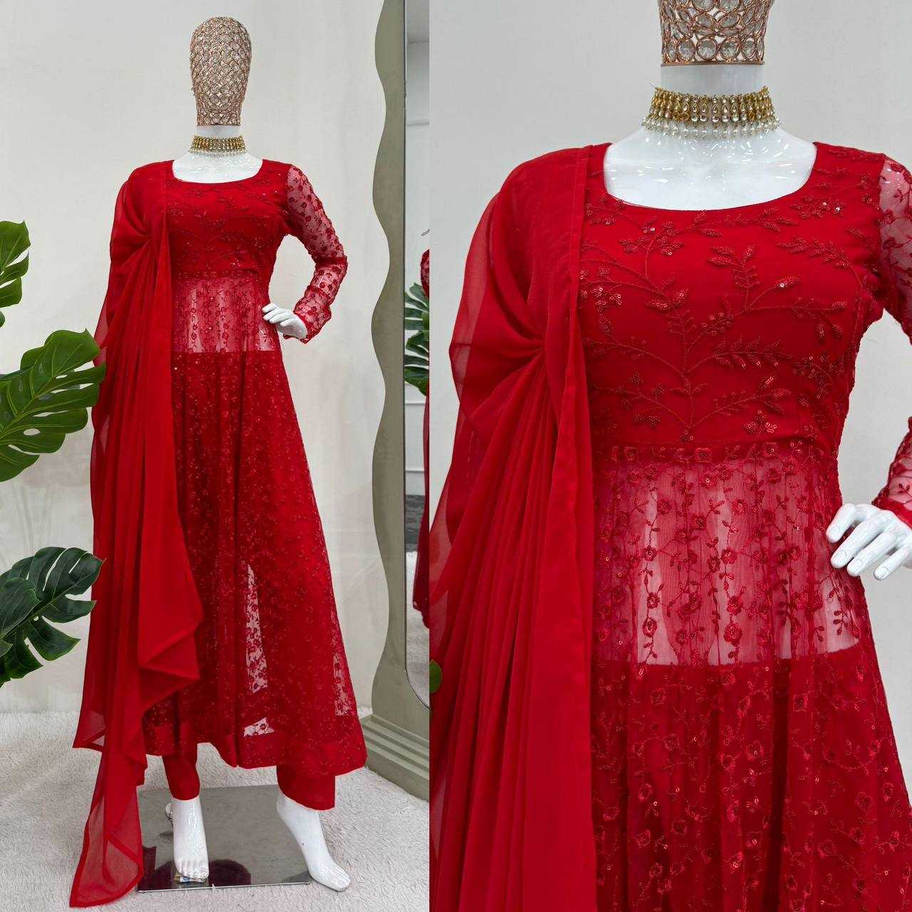 YNF BUTTERFLY NET RIN169 5770 GOWNS WHOLESALE RED NET ANARKALI SEQUIN GOWNS MANUFACTURER- Kapda Export