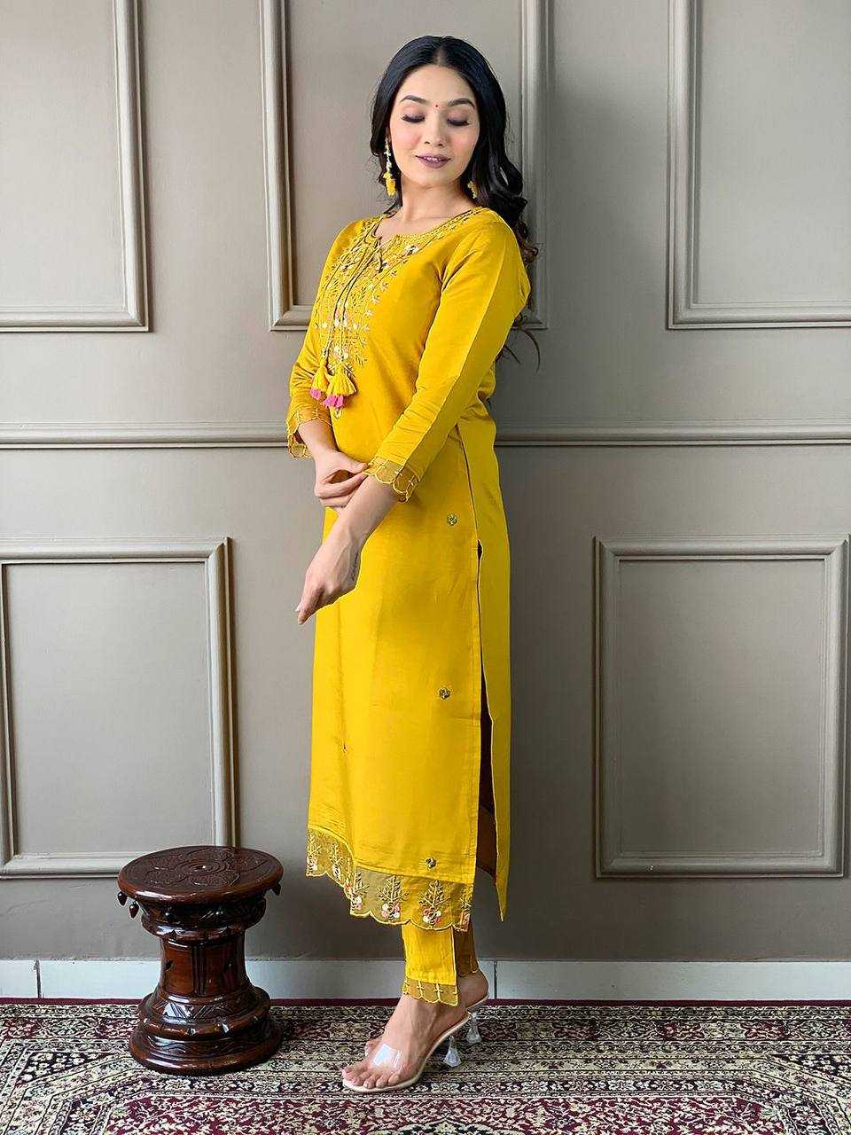 YNF CHANDERI COTTON RIN200 556 SUITS & DRESSES WHOLESALE CHANDERI LONG KURTI YELLOW SUITS MANUFACTURE- Kapda Export