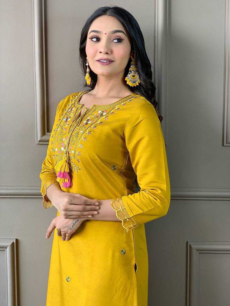 YNF CHANDERI COTTON RIN200 556 SUITS & DRESSES WHOLESALE CHANDERI LONG KURTI YELLOW SUITS MANUFACTURE- Kapda Export