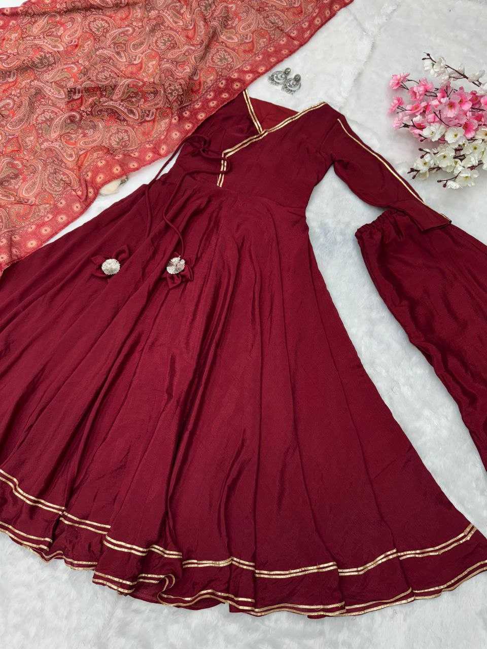 YNF CHINON GOWNS  WHOLESALE FANCY ANARKALI LONG GEOWN WITH DUPATTA MARRON GOWNS MANUFACTURER