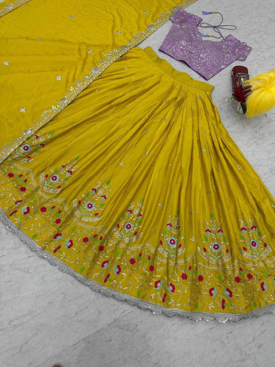 YNF CHINON SILK KESH120 201 LEHENGAS WHOLESALE WEDDING SEQUINS HALDI YELLOW LEHENGAS MANUFACTURER