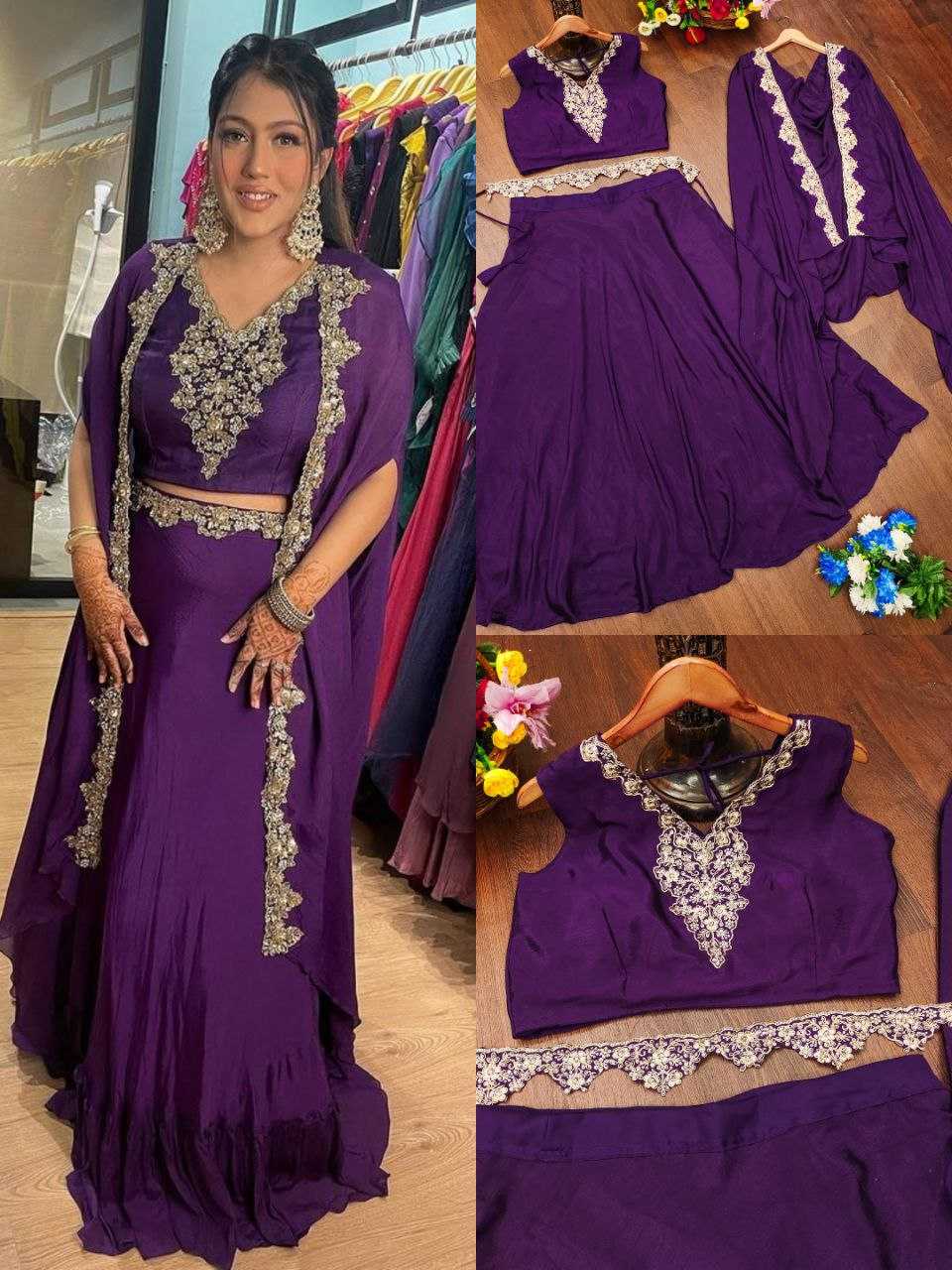 YNF CHINON SILK KESH188 9199 LEHENGAS WHOLESALE SILK EMBROIDERED JACKET STYLE LEHENGA WITH BELT PURPLE LEHENGAS MANUFACTURER