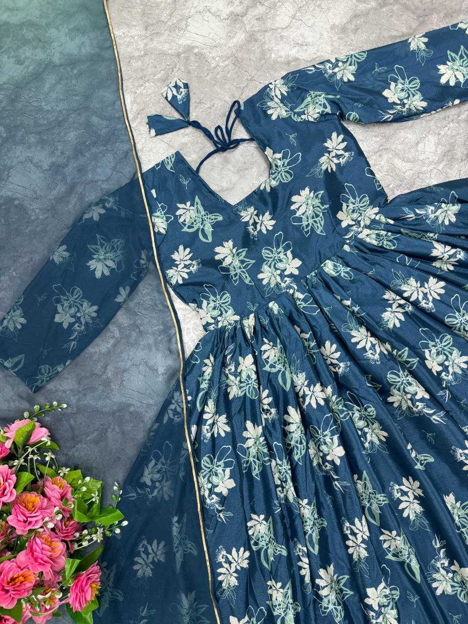 YNF CHINON SILK KESH188 9215 GOWNS WHOLESALE PRINTED ANARKALI LONG SILK FULL SLEEVE BLUE GOWNS MANUFACTURER