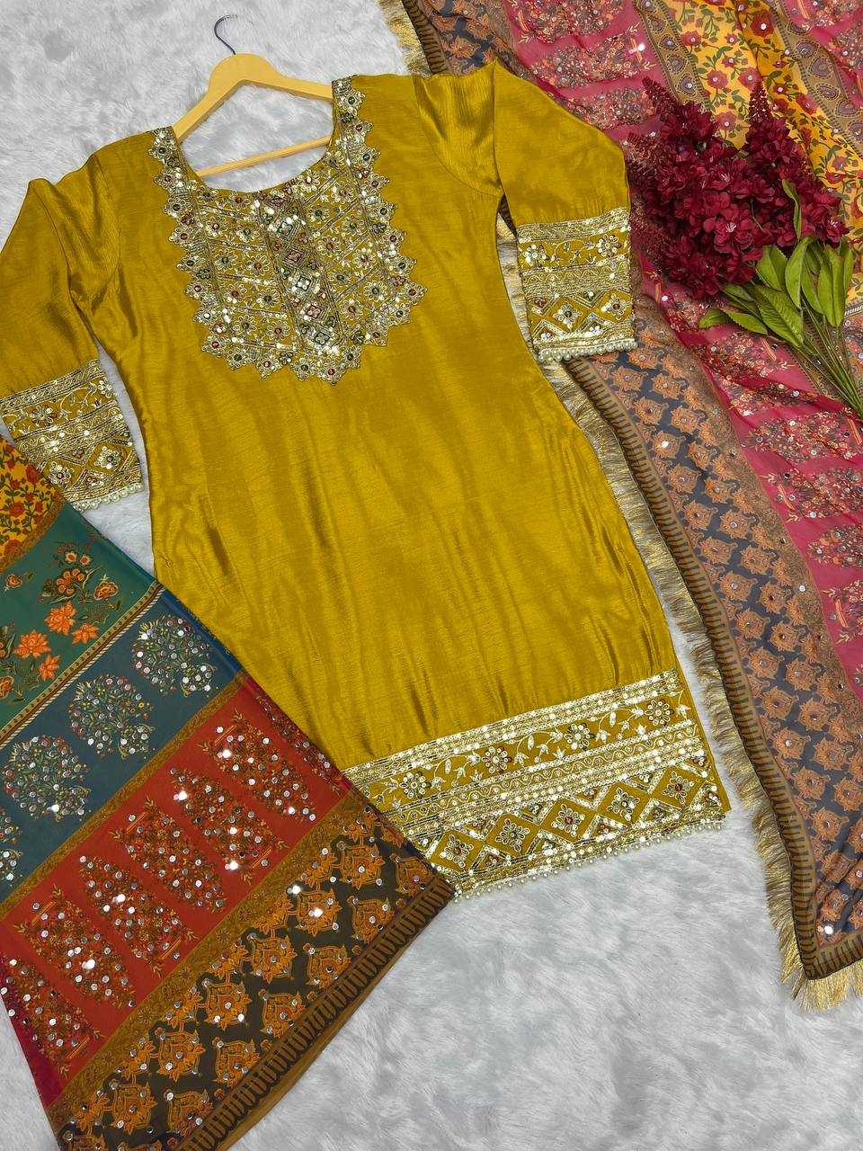 YNF CHINON SILK KESH227 1019 SUITS & DRESSES WHOLESALE LADIES EMBROIDERY PALAZZO LADIES SILK YELLOW SALWAR SUITS MANUFACTURER