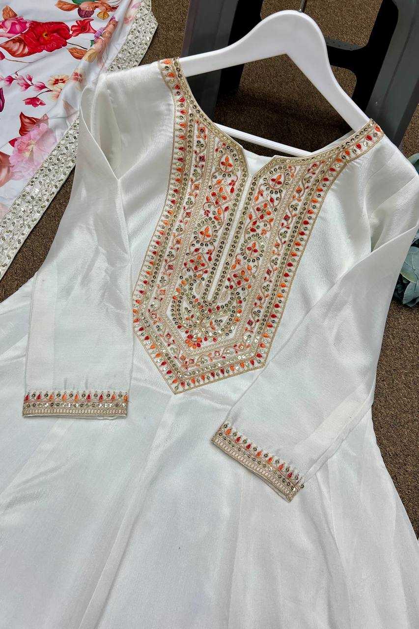 YNF CHINON SILK KESH227 1022 GOWNS WHOLESALE EMBROIDERY ANARKALI LONG SILK FULL SLEEVE WHITE GOWNS MANUFACTURER