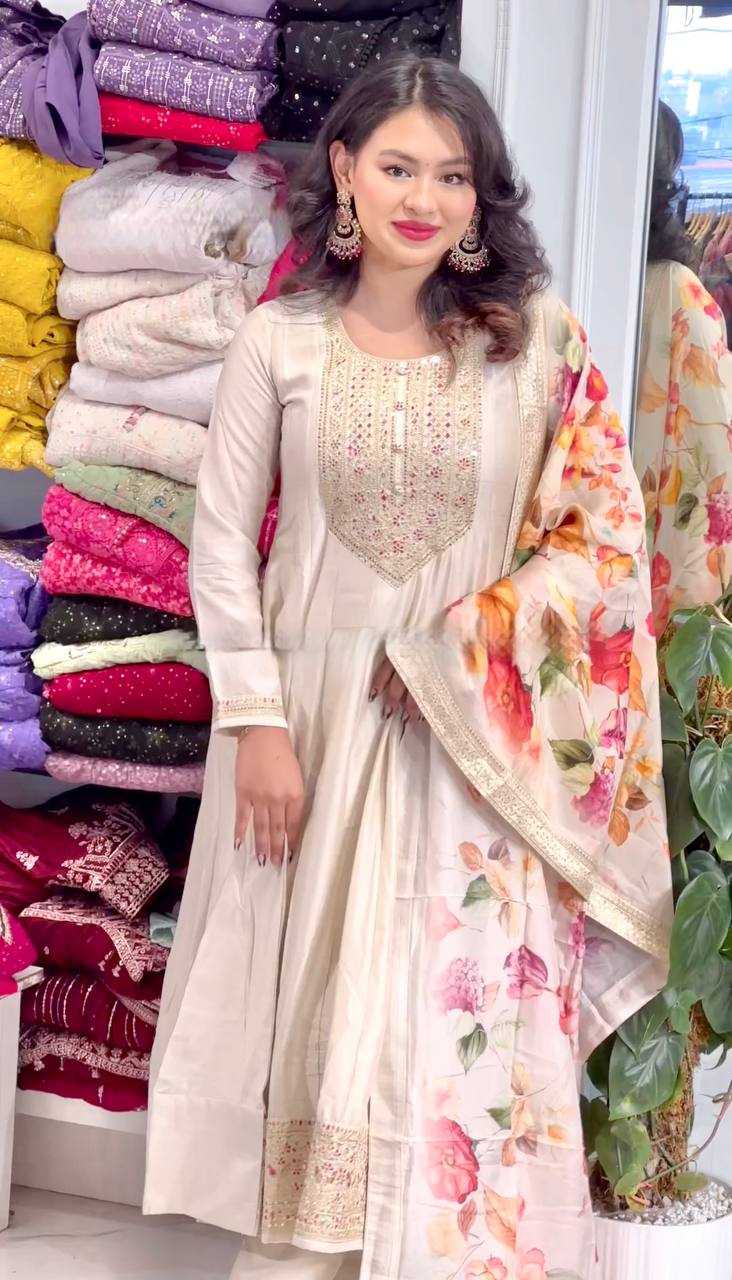 YNF CHINON SILK KESH227 1022 GOWNS WHOLESALE EMBROIDERY ANARKALI LONG SILK FULL SLEEVE WHITE GOWNS MANUFACTURER