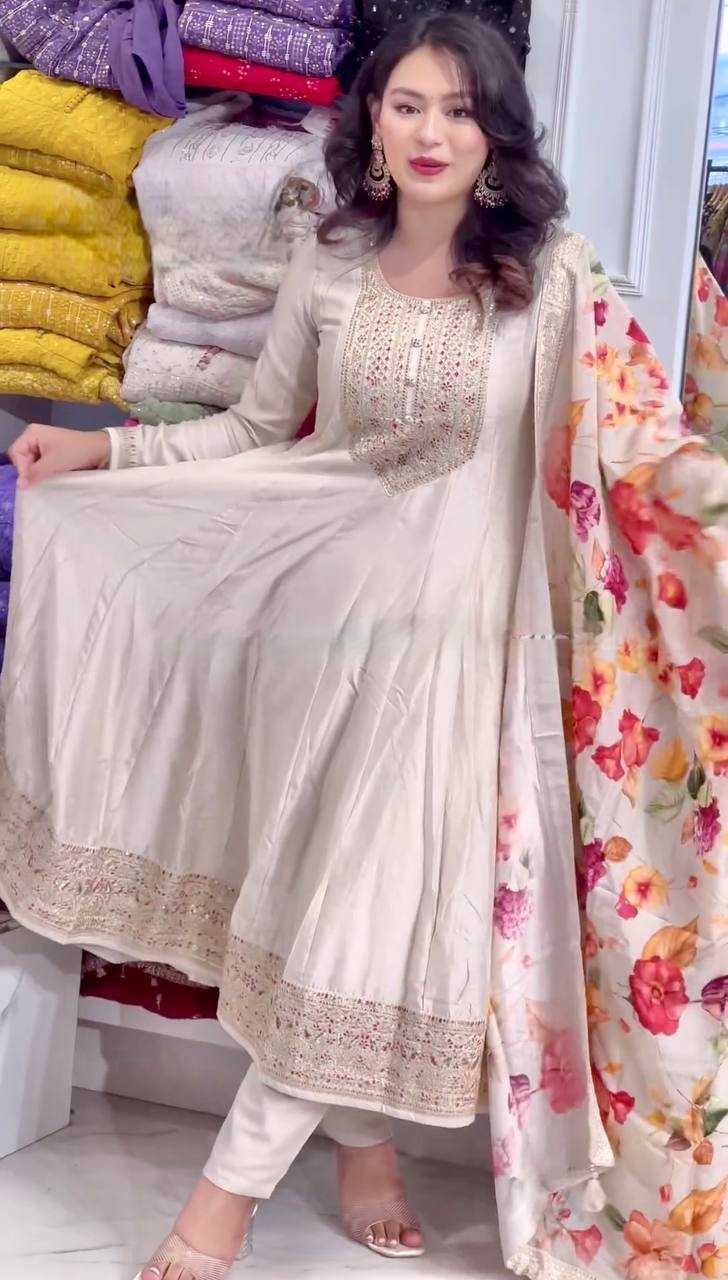 YNF CHINON SILK KESH227 1022 GOWNS WHOLESALE EMBROIDERY ANARKALI LONG SILK FULL SLEEVE WHITE GOWNS MANUFACTURER