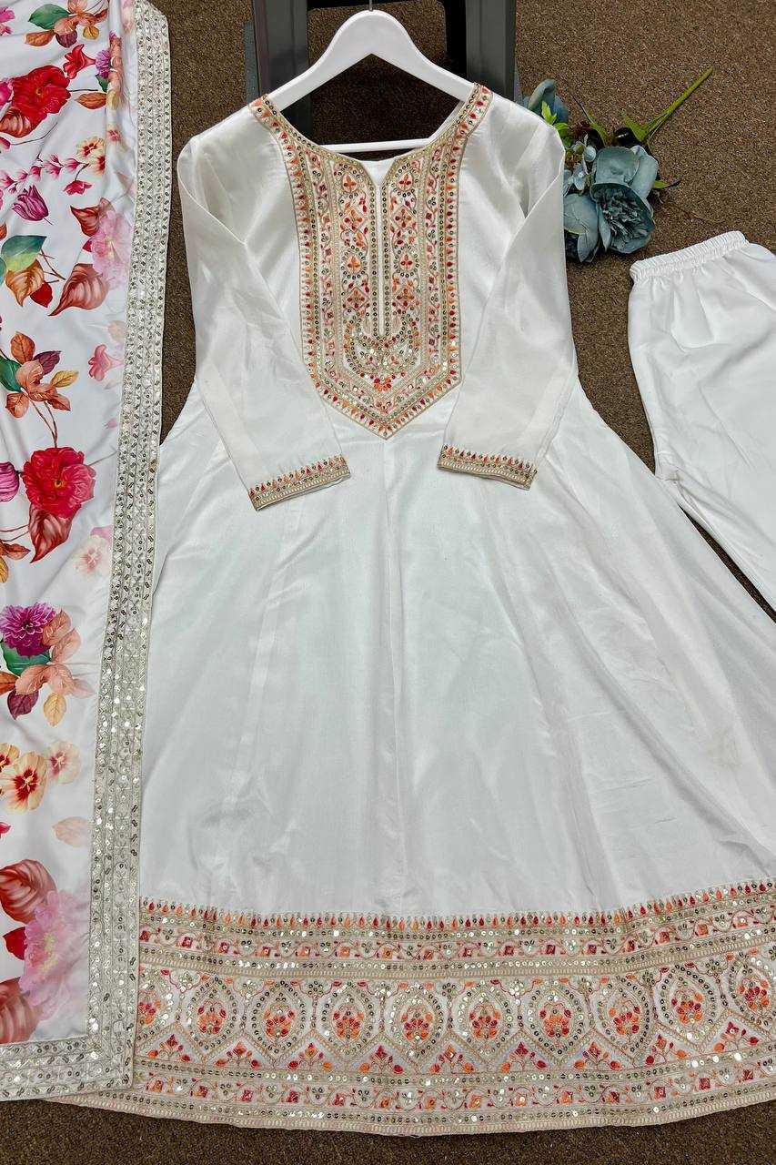 YNF CHINON SILK KESH227 1022 GOWNS WHOLESALE EMBROIDERY ANARKALI LONG SILK FULL SLEEVE WHITE GOWNS MANUFACTURER