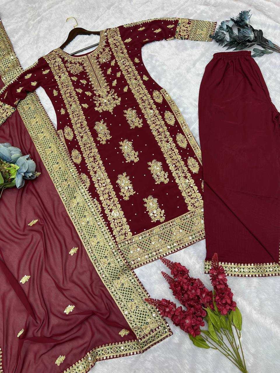 YNF FAUX GEORGETTE KESH157 1677 SUITS & DRESSES GEORGETTE EMBROIDERY LONG KURTI MAROON SALWAR WHOLESALE PAKISTANI LADIES SILK LONG KURTIS SUITS MANUFACTURER- Kapda Export