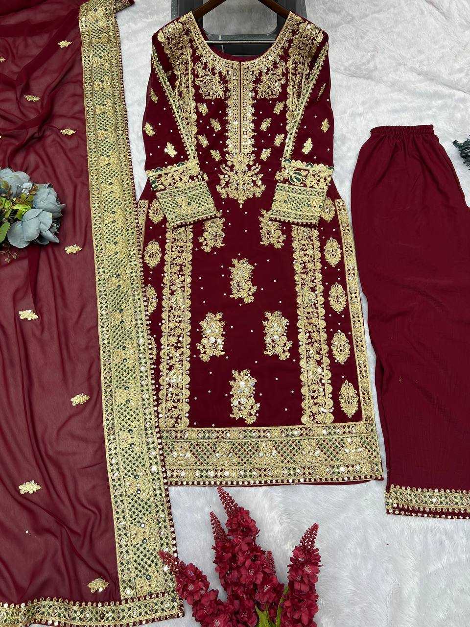 YNF FAUX GEORGETTE KESH157 1677 SUITS & DRESSES GEORGETTE EMBROIDERY LONG KURTI MAROON SALWAR WHOLESALE PAKISTANI LADIES SILK LONG KURTIS SUITS MANUFACTURER- Kapda Export