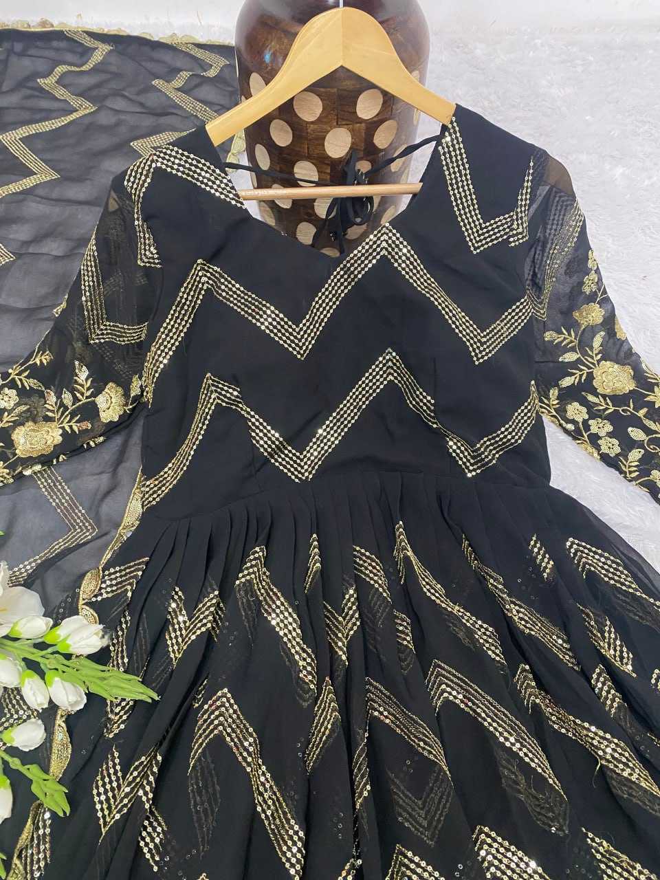 YNF FAUX GEORGETTE KESH164 G51 GOWNS WHOLESALE GEORGETTE EMBROIDERY ANARKALI BLACK GOWNS MANUFACTURER