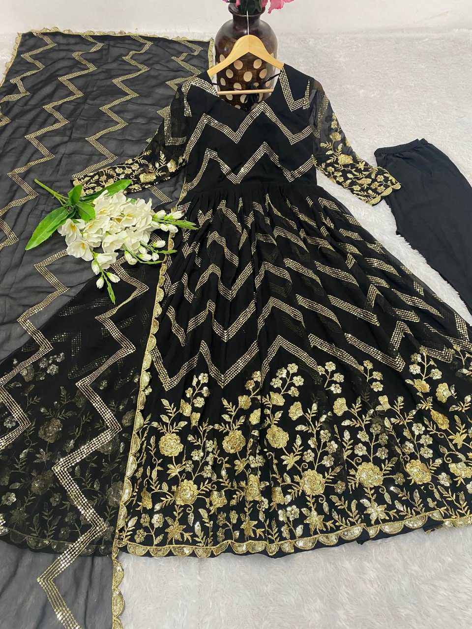 YNF FAUX GEORGETTE KESH164 G51 GOWNS WHOLESALE GEORGETTE EMBROIDERY ANARKALI BLACK GOWNS MANUFACTURER