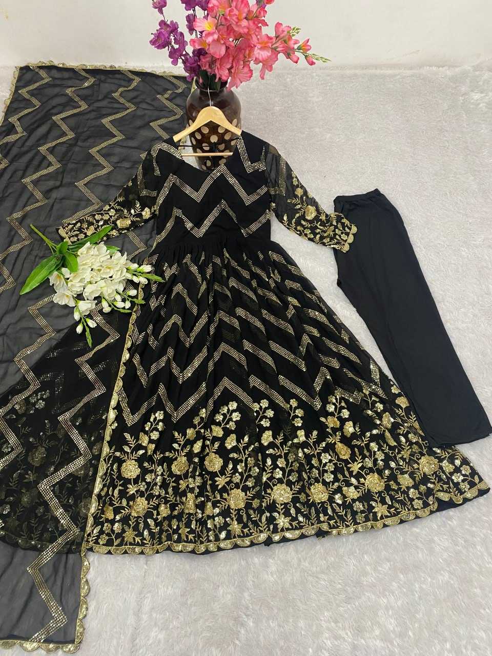 YNF FAUX GEORGETTE KESH164 G51 GOWNS WHOLESALE GEORGETTE EMBROIDERY ANARKALI BLACK GOWNS MANUFACTURER