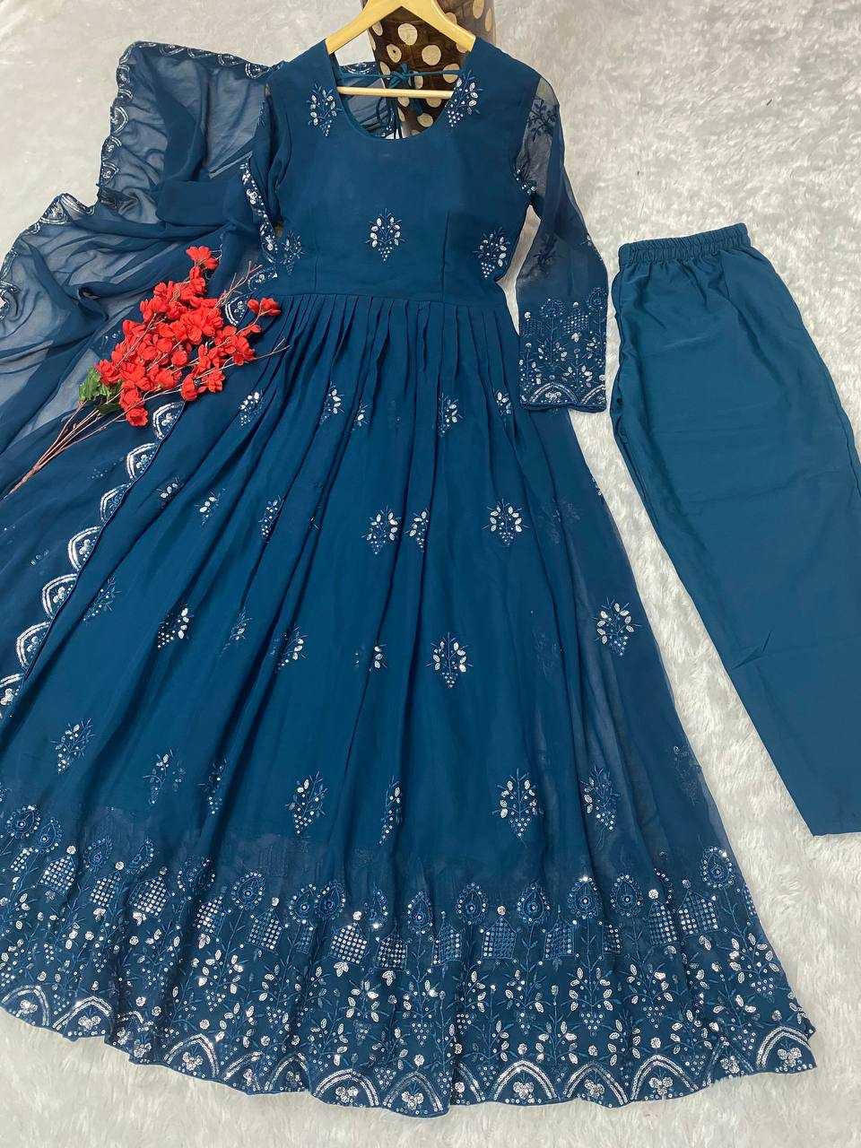 YNF FAUX GEORGETTE KESH164 G55 GOWNS WHOLESALE EMBROIDERED ANARKALI GEORGETTE BLUE GOWNS MANUFACTURER- Kapda Export