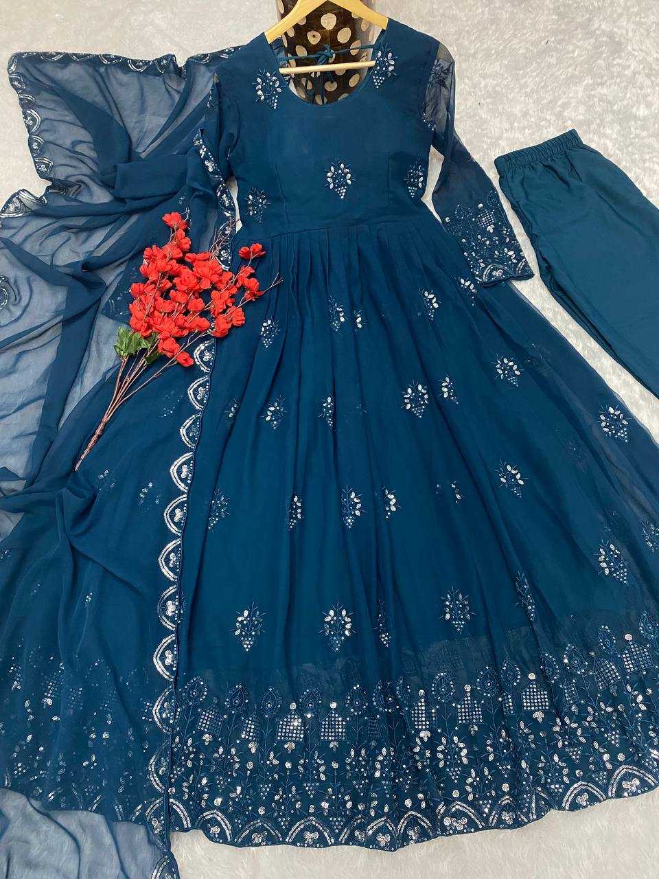 YNF FAUX GEORGETTE KESH164 G55 GOWNS WHOLESALE EMBROIDERED ANARKALI GEORGETTE BLUE GOWNS MANUFACTURER- Kapda Export