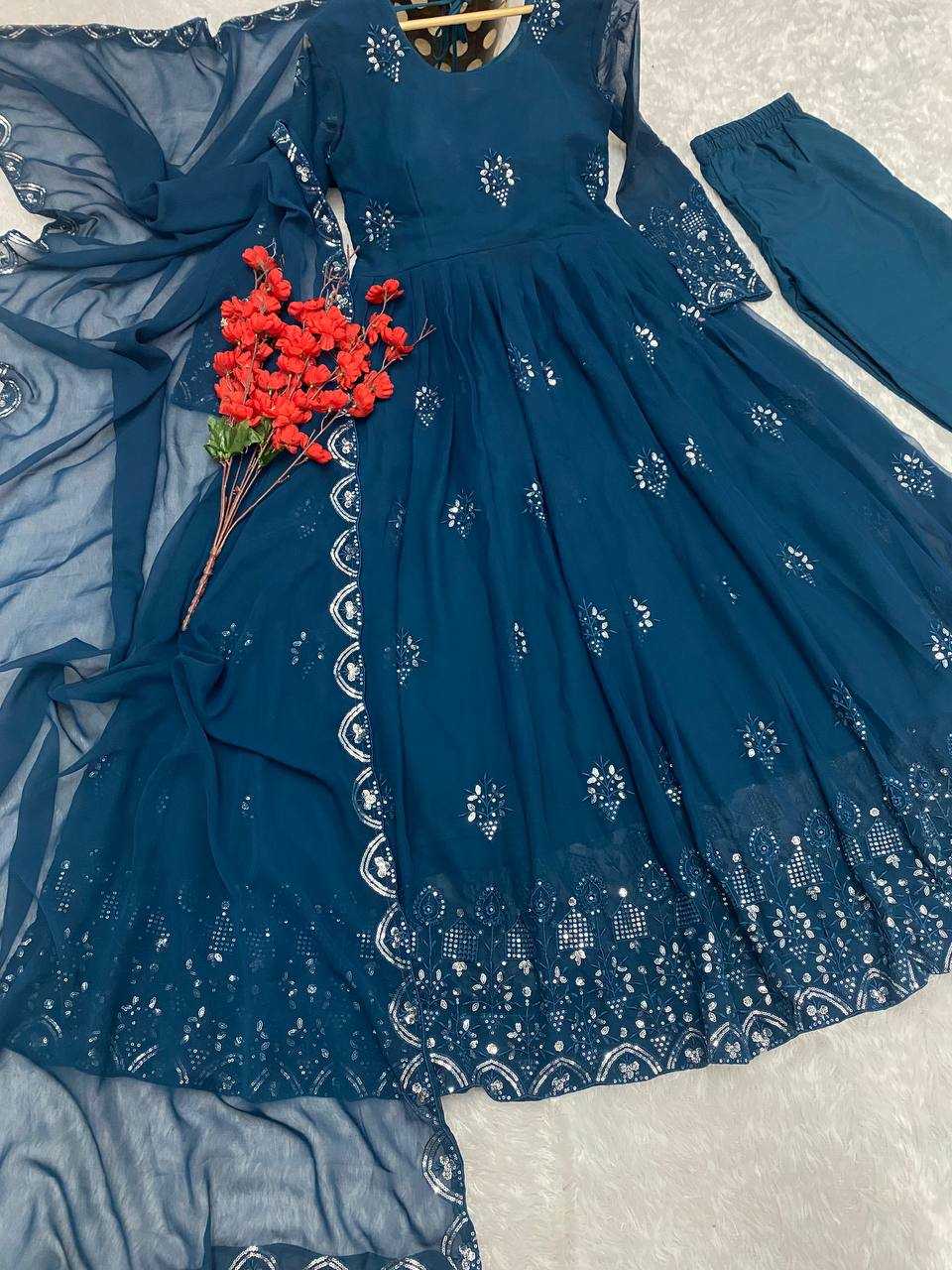 YNF FAUX GEORGETTE KESH164 G55 GOWNS WHOLESALE EMBROIDERED ANARKALI GEORGETTE BLUE GOWNS MANUFACTURER- Kapda Export