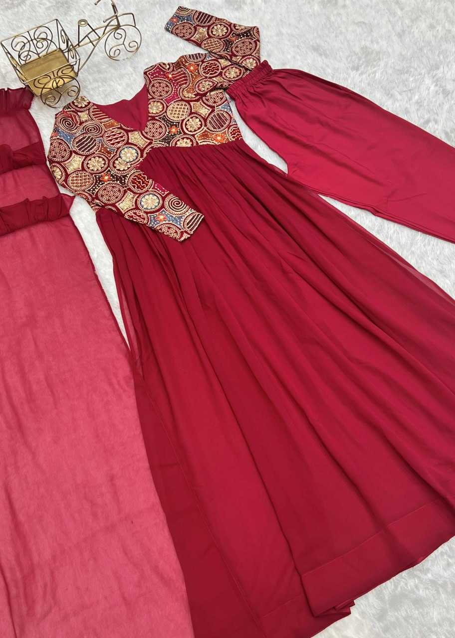 YNF FAUX GEORGETTE KESH229 39 GOWNS WHOLESALE EMBROIDERED ANARKALI LONG GEORGETTE FULL SLEEVE RED GOWNS MANUFACTURER