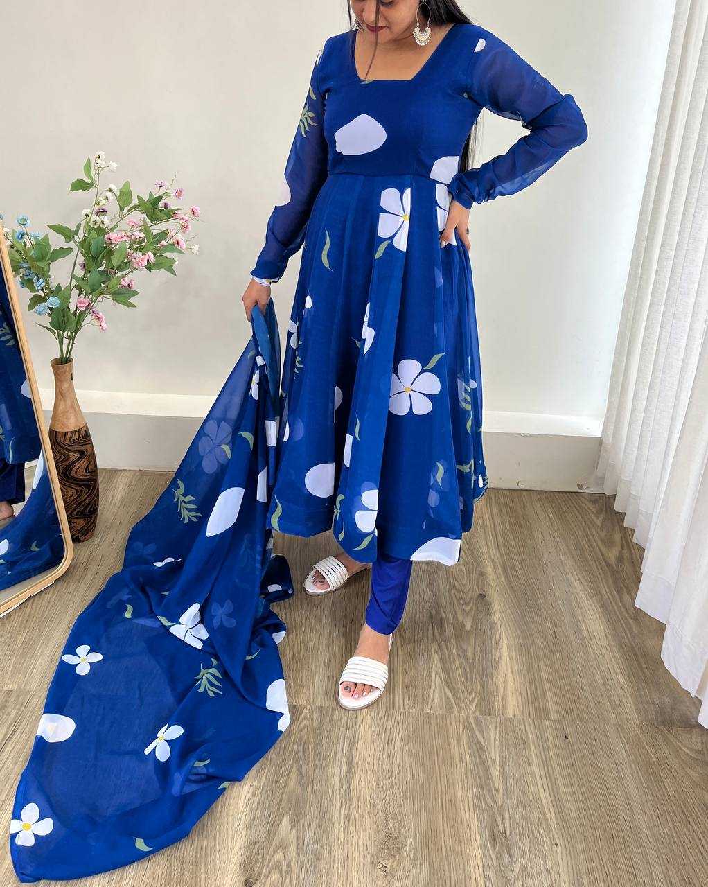 YNF FAUX GEORGETTE KESH240 382 GOWNS WHOLESALE GEORGETTE ANARKALI BLUE PRINTED GOWNS MANUFACTURER