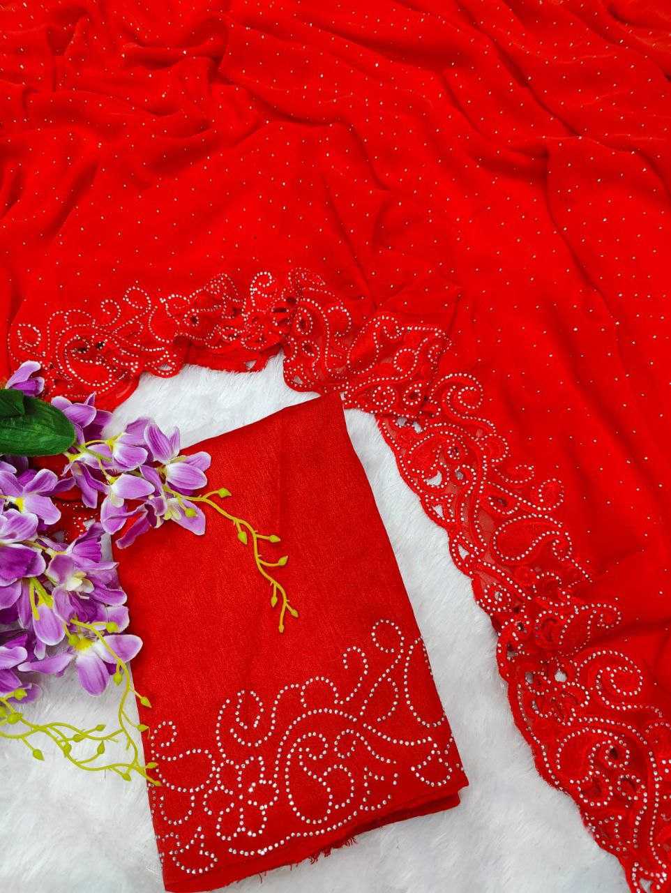 YNF GEORGETTE KESH199 855 SAREES WHOLESALE DESIGNER PARTY CUTWORK RED SAREES MANUFACTURER