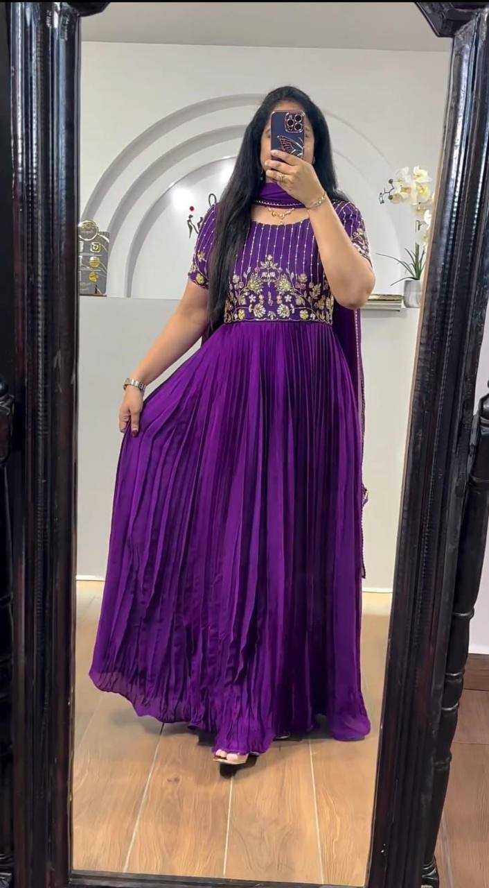 YNF GEORGETTE KESH232 906 GOWNS WHOLESALE EMBROIDERED LONG GEORGETTE PURPLE GOWNS MANUFACTURER- Kapda Export