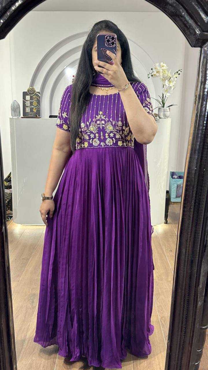 YNF GEORGETTE KESH232 906 GOWNS WHOLESALE EMBROIDERED LONG GEORGETTE PURPLE GOWNS MANUFACTURER- Kapda Export