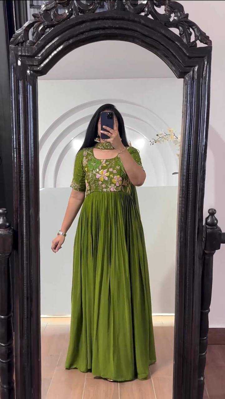 YNF GEORGETTE KESH232 933 GOWNS WHOLESALE EMBROIDERED ANARKALI GEORGETTE GREEN GOWNS MANUFACTURER- Kapda Export