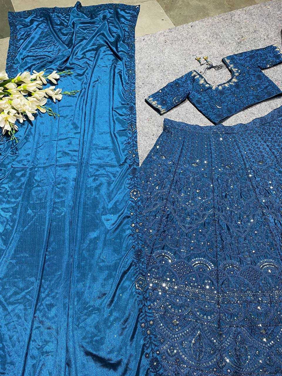 YNF HEAVY SILK KESH164 202 LEHENGAS WHOLESALE DESIGENR SILK WEDDING SEQUINS BLUE LEHENGAS MANUFACTURER