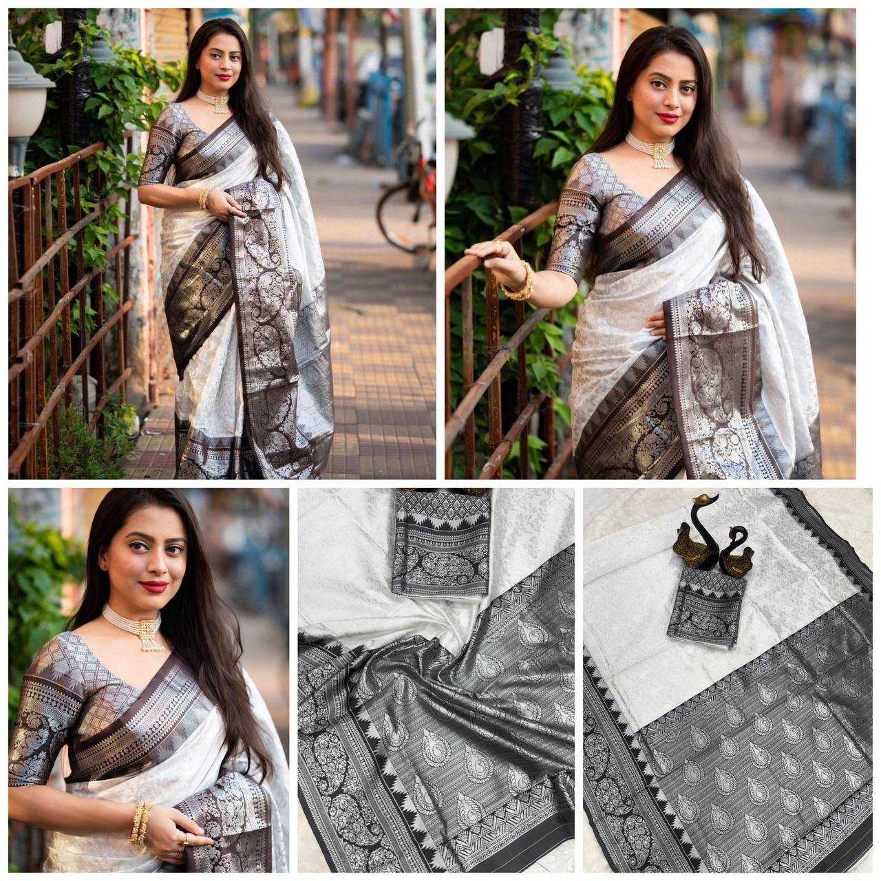 YNF LICHI SILK RIN179 767 SAREES WHOLESALE LADIES SILK ZARI BORDER WHITE SAREES MANUFACTURER- Kapda Export