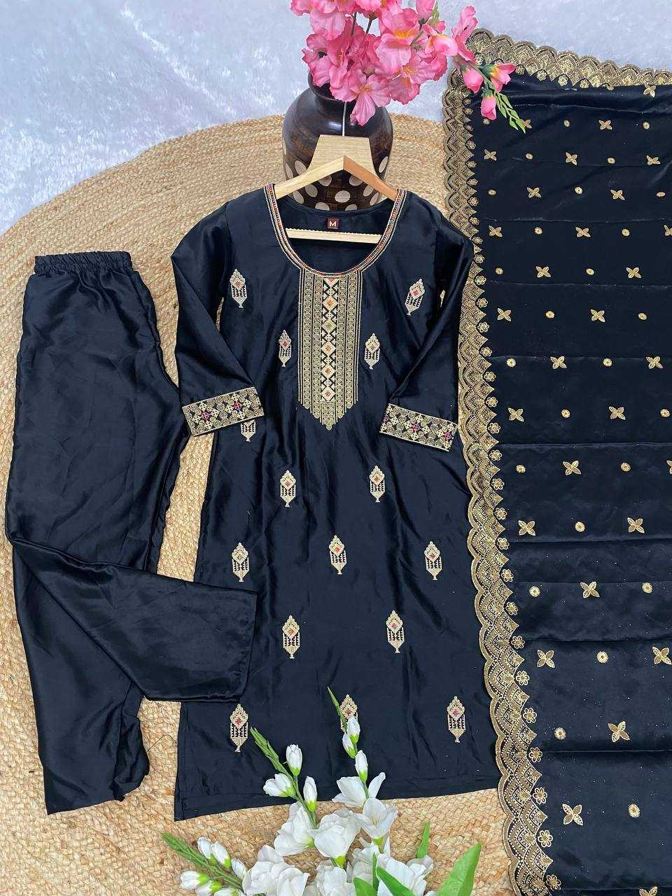 YNF MALAY SATIN SILK KESH164 G70 SUITS & DRESSES WHOLESALE EMBROIDRY LONG KURTI BLACK SALWAR LADIES SILK SUITS MANUFACTURE- Kapda Export