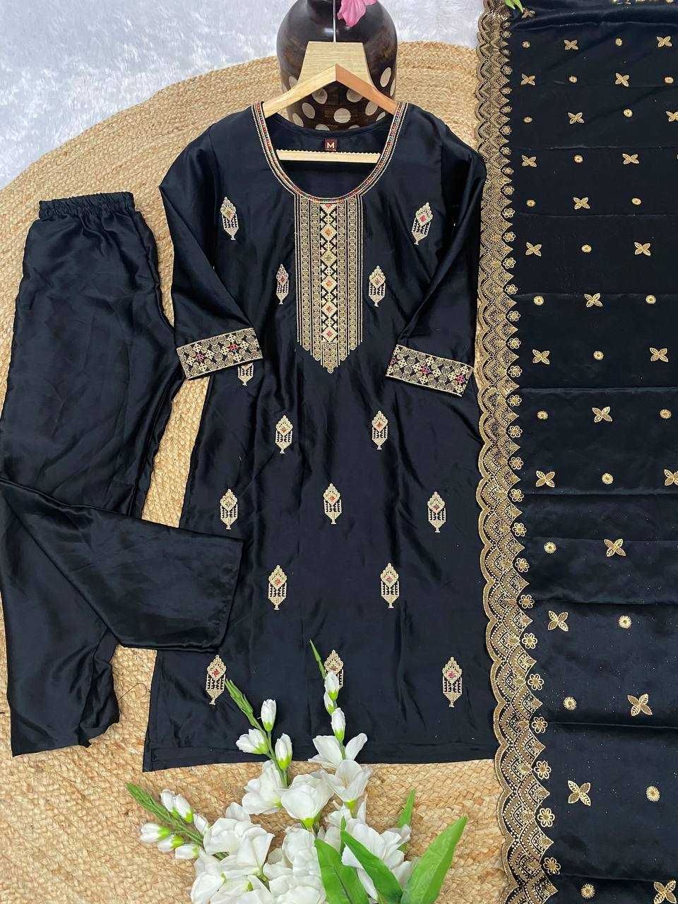 YNF MALAY SATIN SILK KESH164 G70 SUITS & DRESSES WHOLESALE EMBROIDRY LONG KURTI BLACK SALWAR LADIES SILK SUITS MANUFACTURE- Kapda Export