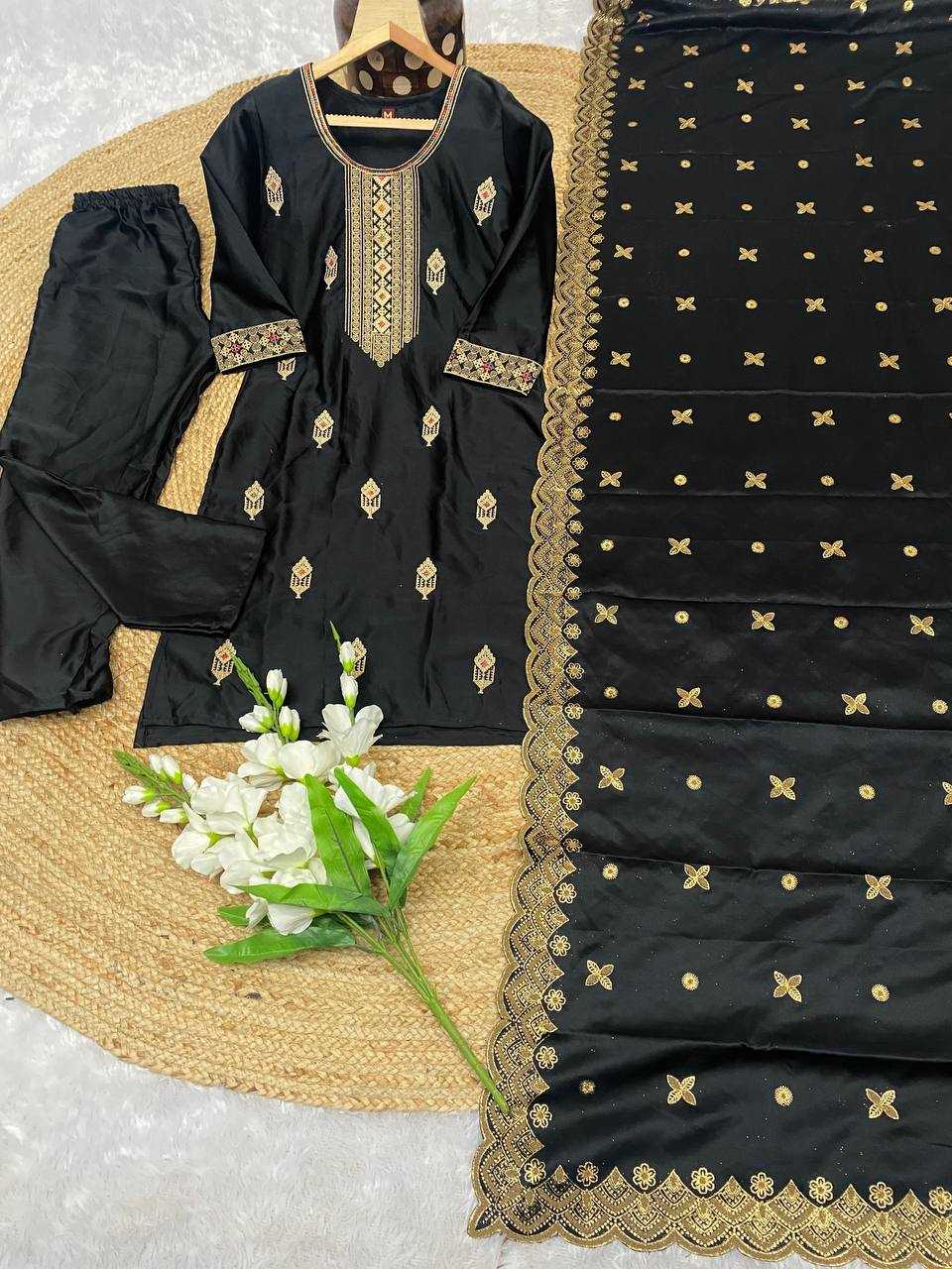 YNF MALAY SATIN SILK KESH164 G70 SUITS & DRESSES WHOLESALE EMBROIDRY LONG KURTI BLACK SALWAR LADIES SILK SUITS MANUFACTURE- Kapda Export