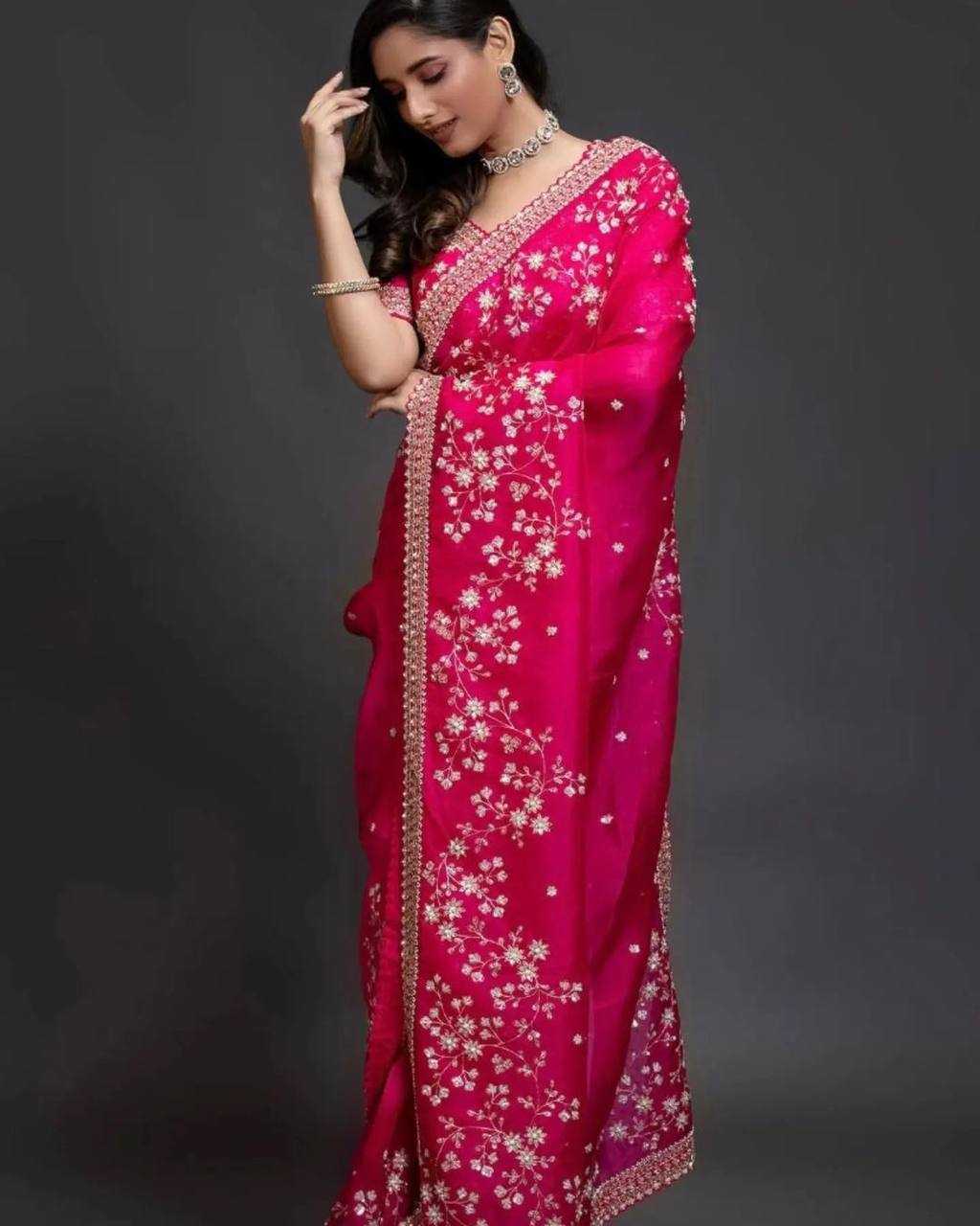 YNF ORGANZA SILK RIN187 653 SAREES WHOLESALE SEQUENCE EMBRODERY ORGANZA PINK SAREES MANUFACTURER- Kapda Export