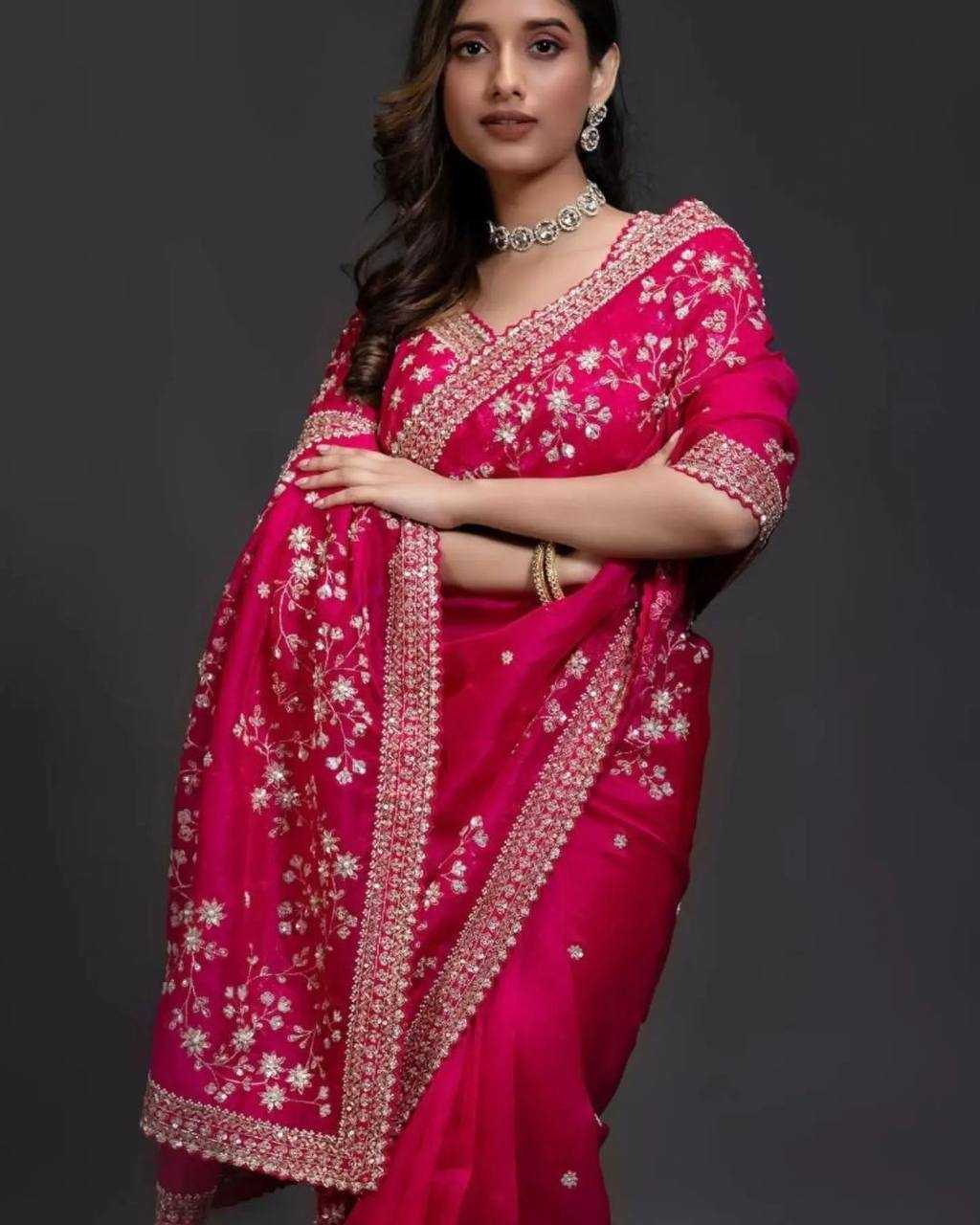 YNF ORGANZA SILK RIN187 653 SAREES WHOLESALE SEQUENCE EMBRODERY ORGANZA PINK SAREES MANUFACTURER- Kapda Export