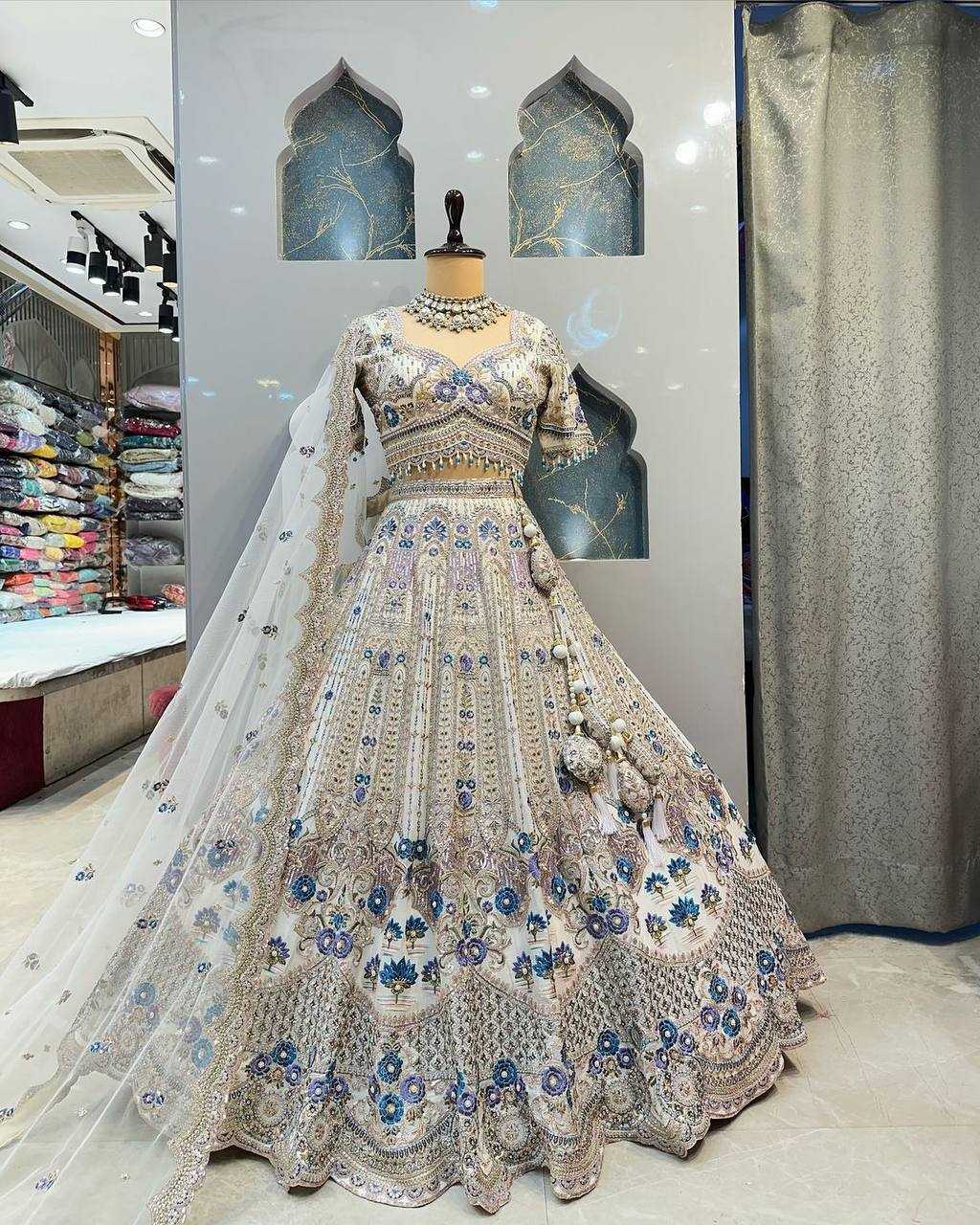 YNF SATIN SILK RIN108 1686 LEHENGAS WHOLESALE DESIGENR SILK WEDDING SEQUIND WHITE LEHENGAS MANUFACTURER- Kapda Export