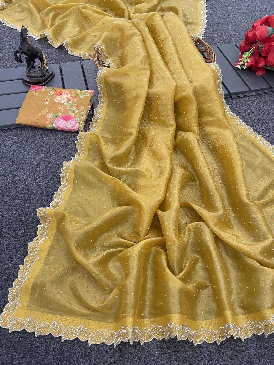 YNF SOFT GOLD CRUSH KESH189 Mango SAREES WHOLESALE FANCY LACE BORDER CUTORK SWAROVSKI SAREES MANUFACTURER