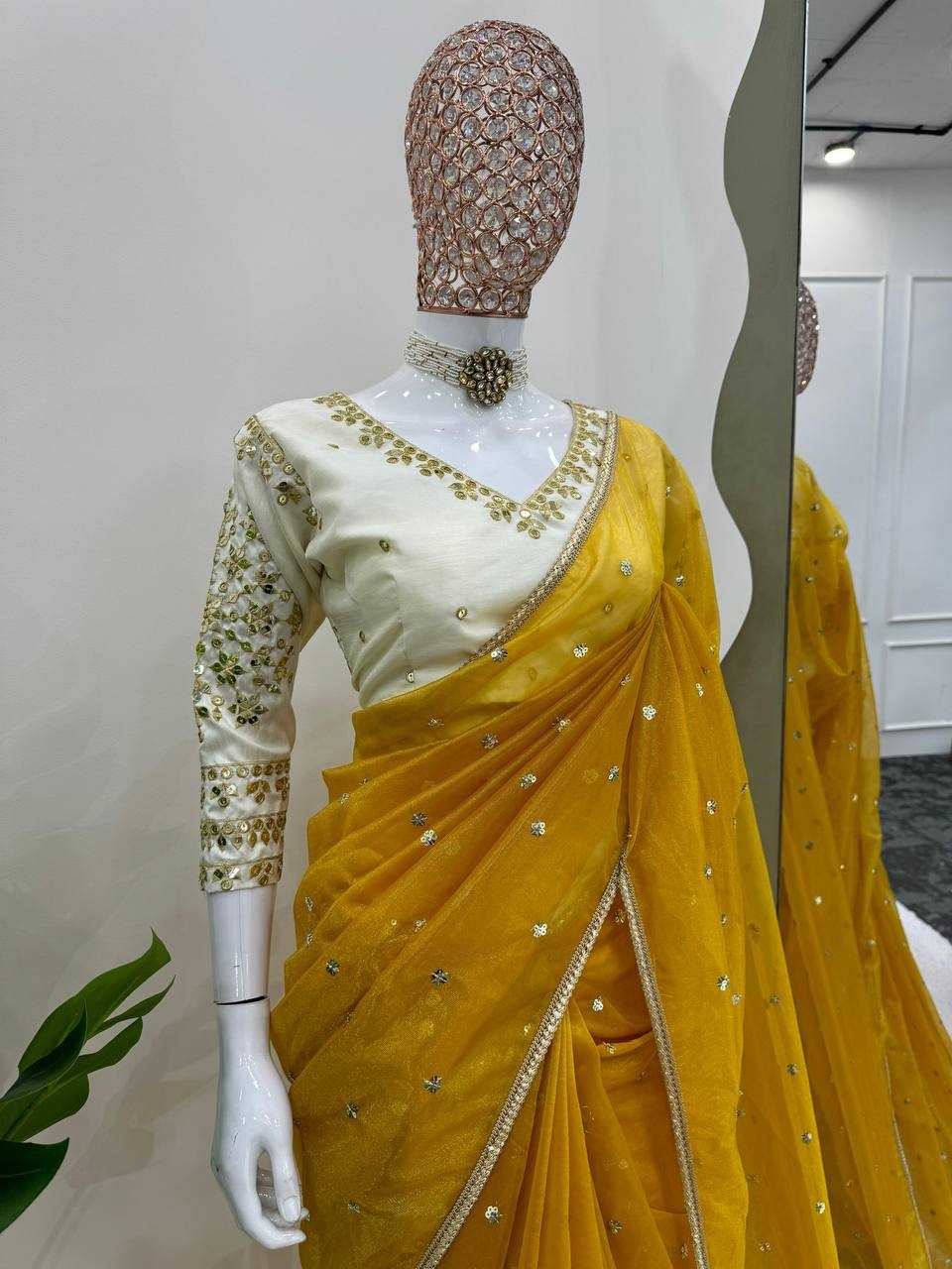 YNF TWILL NET RIN133 528 SAREES WHOLESALE DESIGNER SEQUENCE NET YELLOW SAREES MANUFACTURER