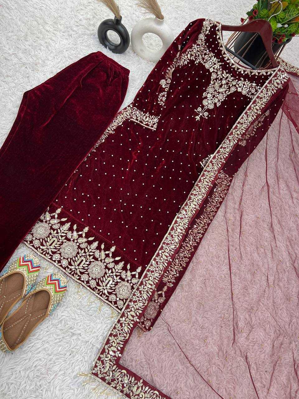 YNF VELVET KESH124 818 SUITS & DRESSES WHOLESALE VELVET EMBROIDERY PARTY WEAR MAROON SALWAR SUITS MANUFACTURE